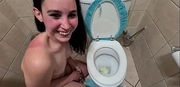  Piss slave loves getting her face and mouth covered in piss, toilet licking